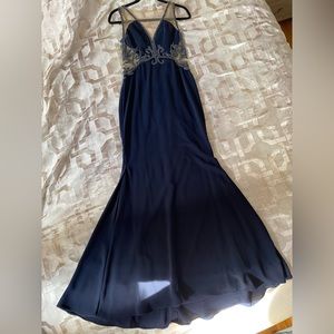 Navy Blue Beaded Evening Gown